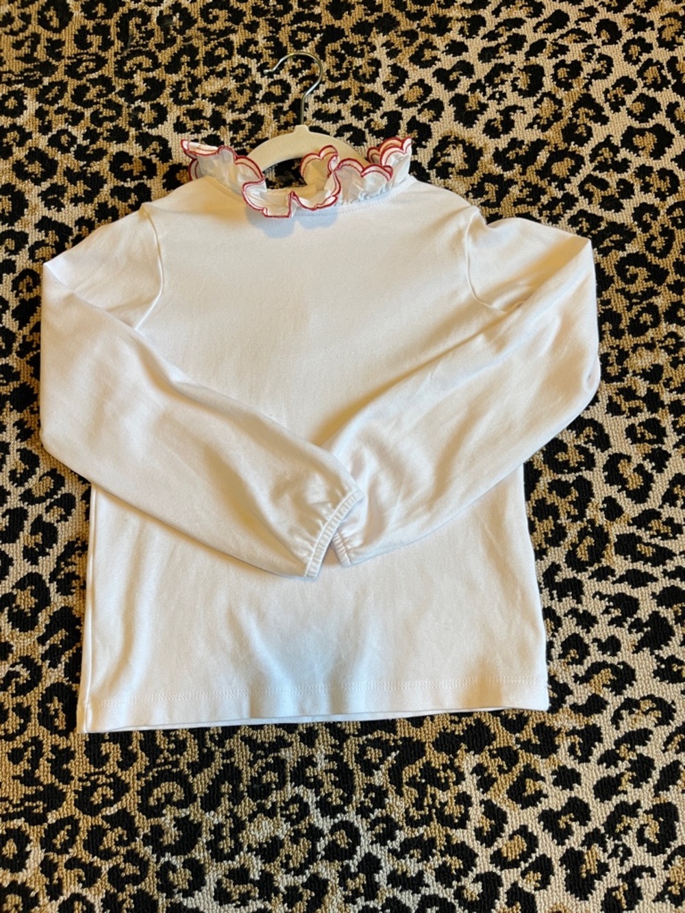Little English White Long Sleeve Top with Red Trimmed Ruffle Collar